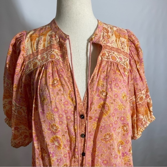 Spell • Sundown Camel Floral Print Short Sleeve Button Down Blouse Top Apricot S - Picture 7 of 10